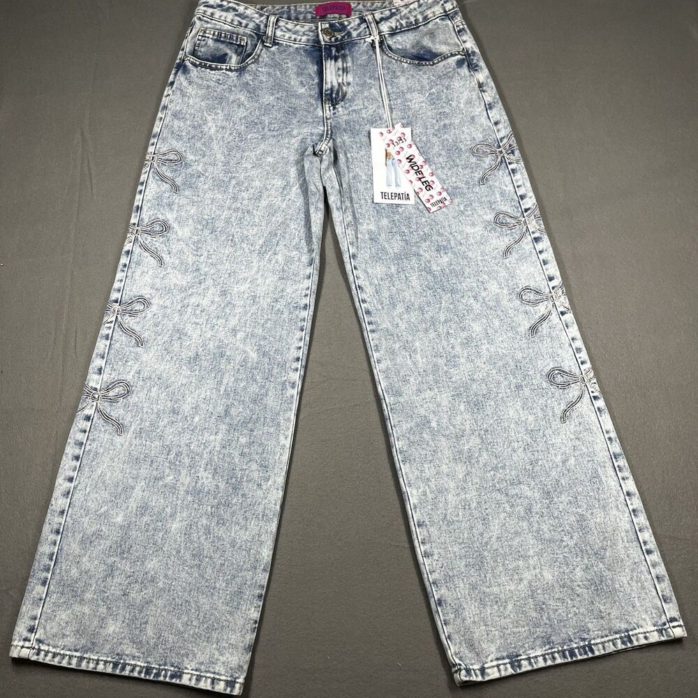 NWT Telepatia Womans denim wide leg pink bows jeans size 13 coquette barbie